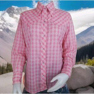 Vtg Levis For Gals Pearl Snap Shirt Womens L Flocked Pink Check Western Rodeo